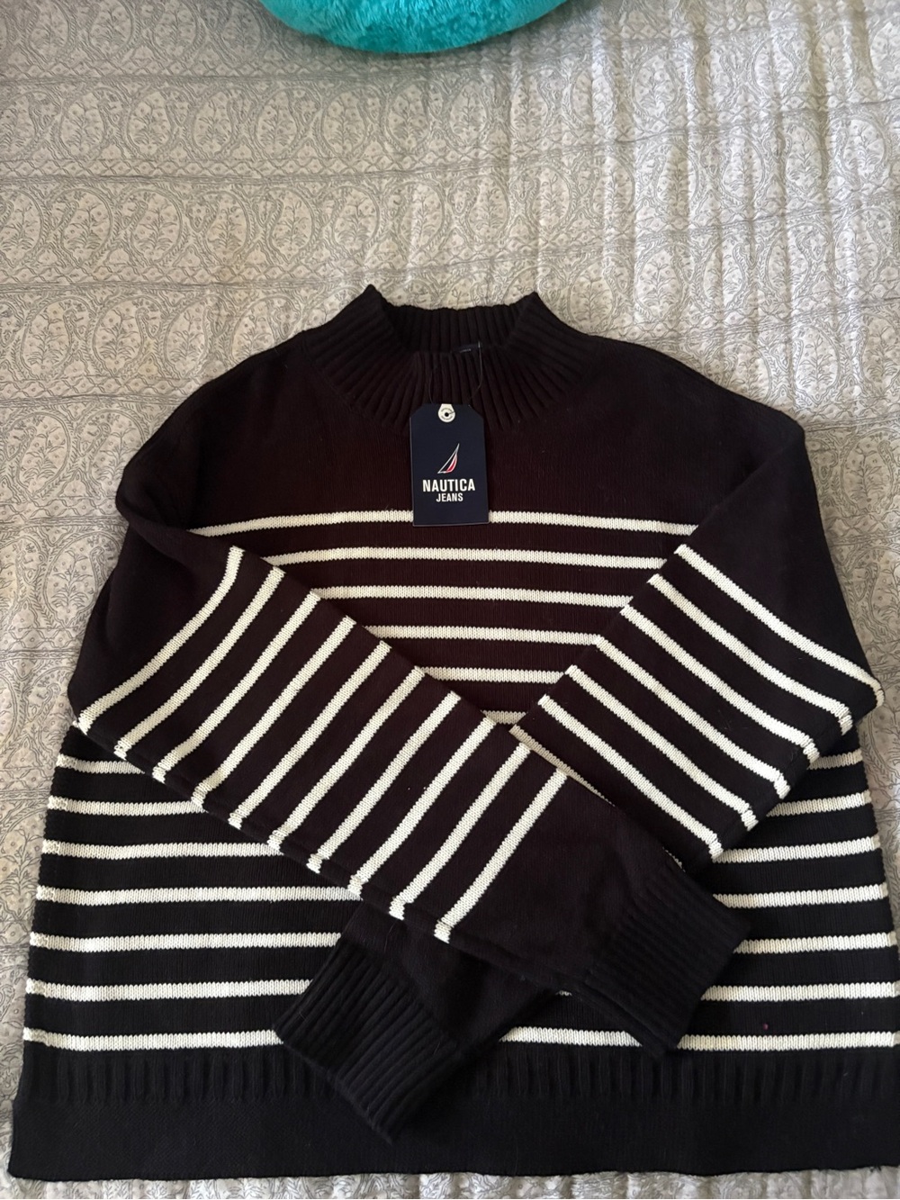 Nautica Men’s Black and White Striped Turtleneck Sweater